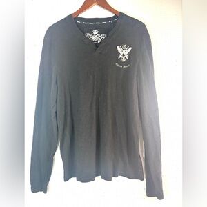 Guess L Black Long Sleeve Affliction Style Tee Top with Ornate Design